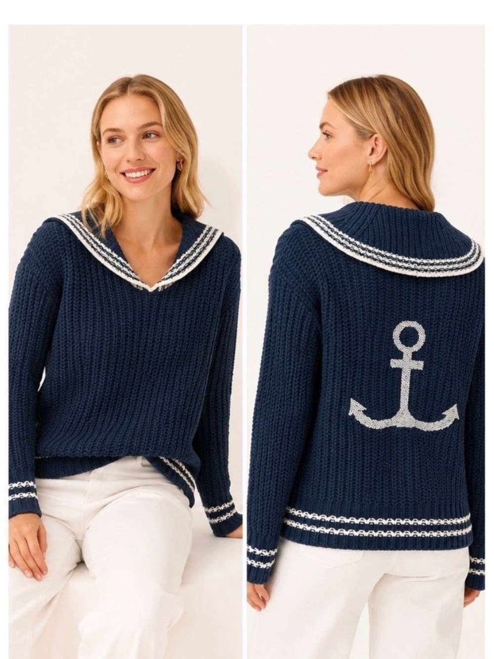 Anthropologie Marled Sailor Collar Shaker Knit Anchor Sweater szM coastal